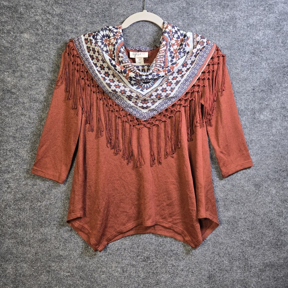 Style & Co Top Women S Petite Burnt Orange Knit Fringe Scarf Western Cowgirl New